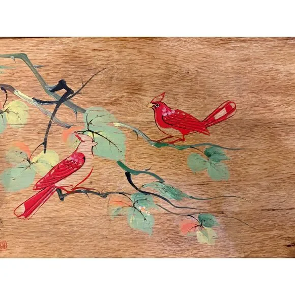 Vintage MCM Hand painted Japanese Cardinals Wood & Metal Tray - Picture 2 of 4
